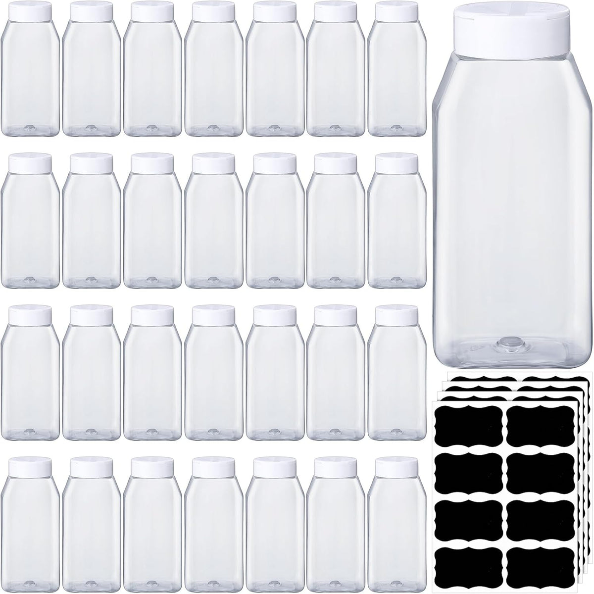 Mifoci 28 Pack 16 oz Plastic Spice Jars with Cap Square Plastic Bottle Containers with Shaker Lids and Stickers Large Seasoning Shaker Empty Powder Storage Container for Storing Salt Herbs (Black)