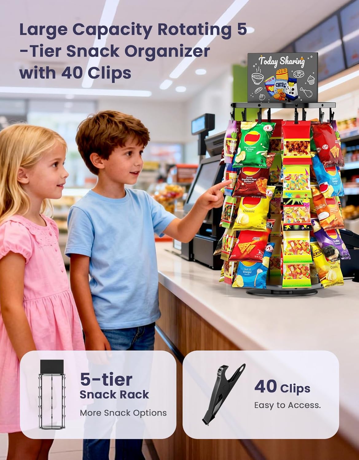 Chip Rack Display Stand with Heavy-Duty 360° Smooth-Rotating Metal Base, 5 Tiers 40 Clips Chip Bag Holder Display, Candy Stand, Snack Organizer for Countertop, Party, Store Concession Stand