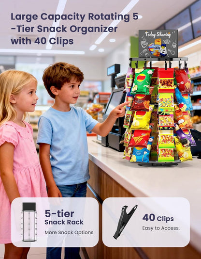Chip Rack Display Stand with Heavy-Duty 360° Smooth-Rotating Metal Base, 5 Tiers 40 Clips Chip Bag Holder Display, Candy Stand, Snack Organizer for Countertop, Party, Store Concession Stand