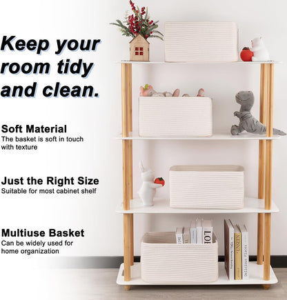 4 Pack Storage Baskets for Organizing, Woven Baskets for Shelves - Perfect for Toys, Books, Towels, and Clothes, Durable Gift Basket Bins Toy Storage, 12.7''Lx9''Wx7.8''H, Brown & White