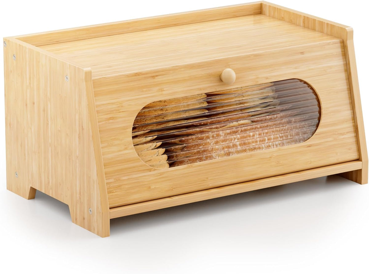 Bread Box,Extra Large 2-Tier Bamboo Bread Box for Kitchen Countertop,Bread Storage Container with Magnetic Acrylic Door for Homemade Bread,Under Cabinet,Pantry Organizer(Natural)