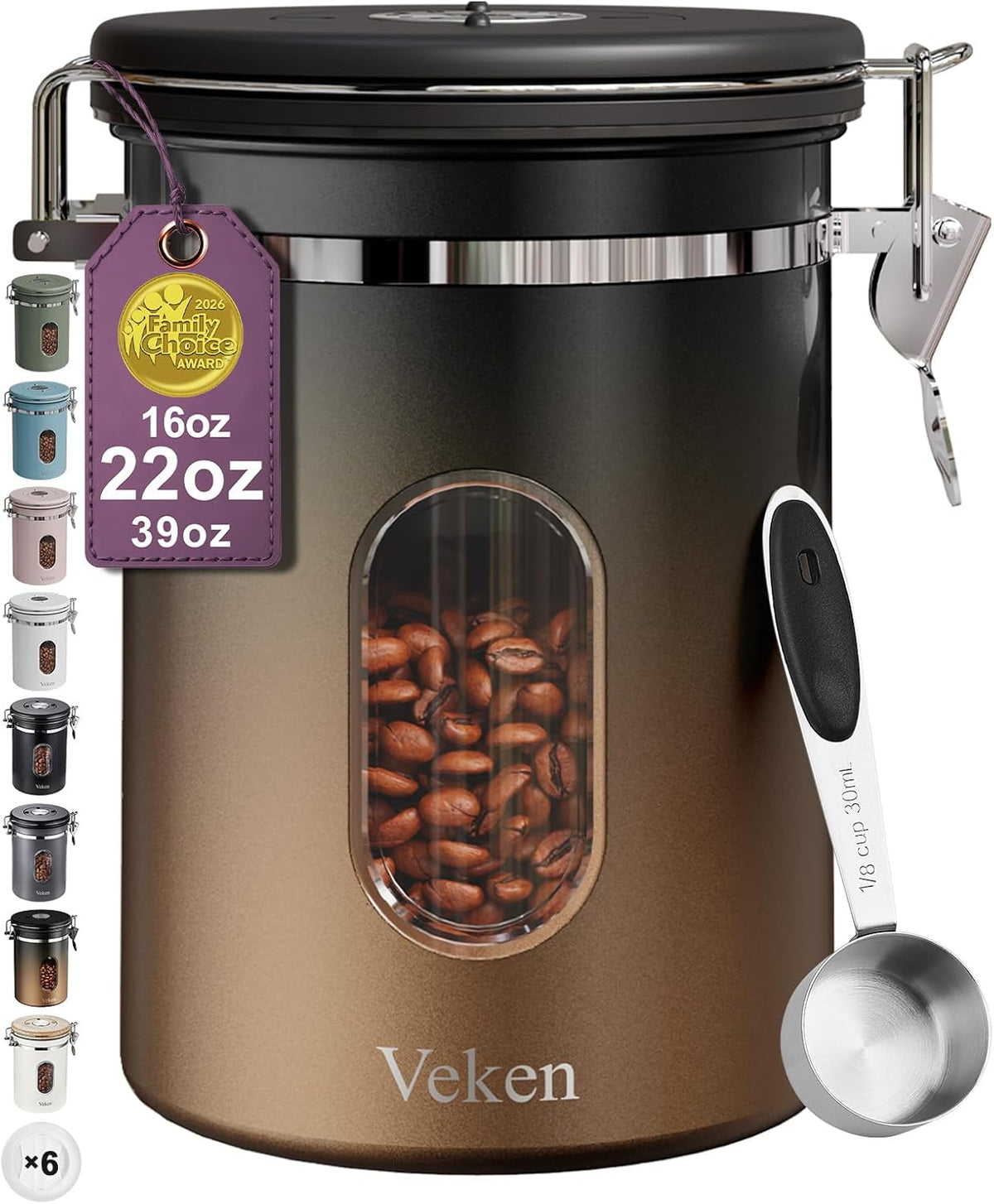 Veken Coffee Canister with Window, Family Choice Awards Winner, Airtight Stainless Steel Home Kitchen Food Storage Container with Lids for Grounds, Beans, Tea, Flour,Cereal,Sugar Jars,Scoop,16OZ,Black