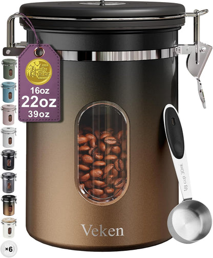 Veken Coffee Canister with Window, Family Choice Awards Winner, Airtight Stainless Steel Home Kitchen Food Storage Container with Lids for Grounds, Beans, Tea, Flour,Cereal,Sugar Jars,Scoop,16OZ,Black