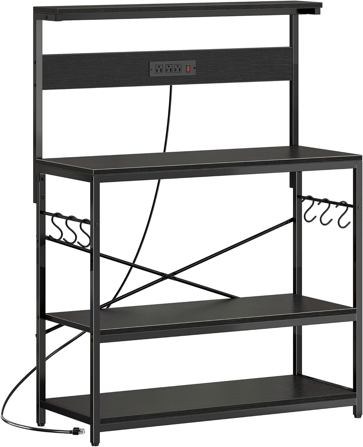 SUPERJARE Kitchen Bakers Rack with Power Outlet, Coffee Bar Table 4 Tiers, Kitchen Microwave Stand with 6 S-shaped Hooks, Storage Shelf Rack for Spices, Pots and Pans - Rustic Brown