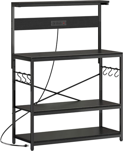 SUPERJARE Kitchen Bakers Rack with Power Outlet, Coffee Bar Table 4 Tiers, Kitchen Microwave Stand with 6 S-shaped Hooks, Storage Shelf Rack for Spices, Pots and Pans - Rustic Brown