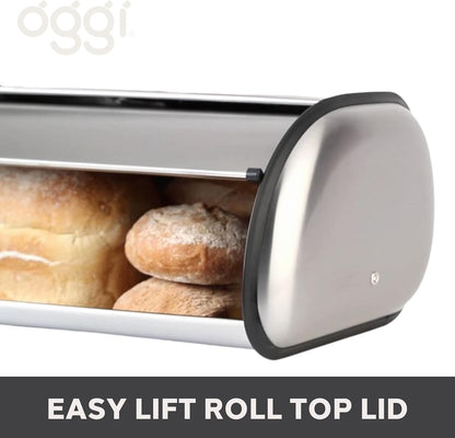 Oggi Stainless Steel Roll Top Bread Box for Kitchen Countertop with Tempered Glass Lid - Fits Multiple Large Loaves of Bread and Other Freshly Baked Goods Including Cookies, Bagels, Muffins