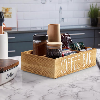 ALELION Coffee Station Organizer - Wood Countertop Accessories Organizer with Removable Dividers for Pods Condiment Syrup Tea Cups Stirrers - for Farmhouse Coffee Bar Decor