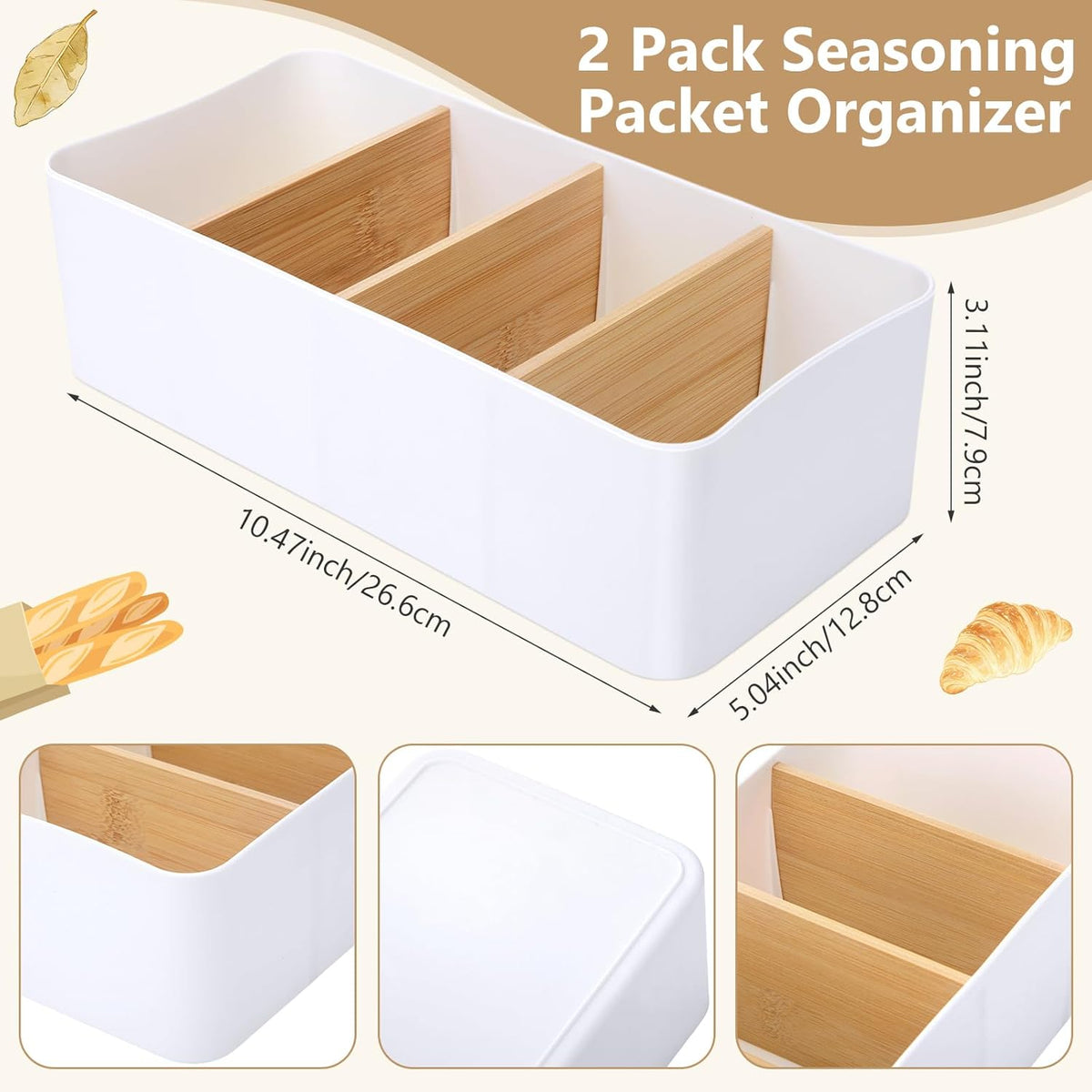 2 Pack Seasoning Packet Organizer Food Storage Organizer & 3 Bamboo Wood Removable Dividers Plastic Bins Caddy for Spice Snacks Pouches Spice Organization for Cabinet Kitchen(White)