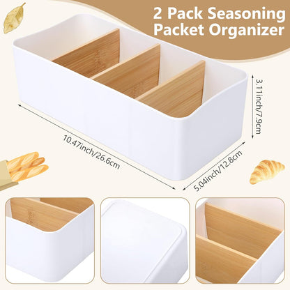 2 Pack Seasoning Packet Organizer Food Storage Organizer & 3 Bamboo Wood Removable Dividers Plastic Bins Caddy for Spice Snacks Pouches Spice Organization for Cabinet Kitchen(White)