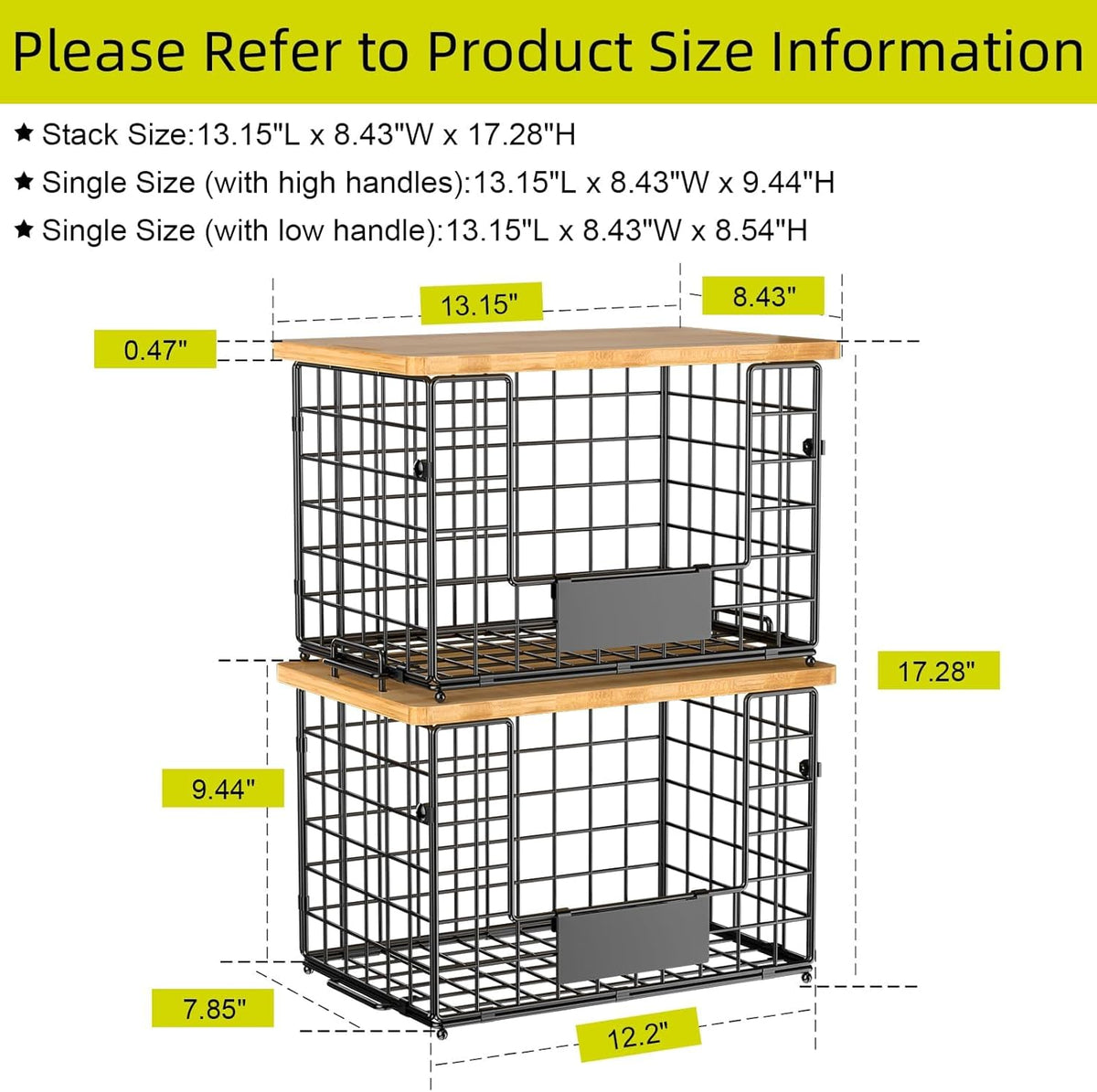 2 Pack Stackable Wire Baskets with Bamboo Top for Pantry Organizers and Storage, XXL Kitchen Organization Counter Basket for Fruit, Vegetable, Produce, Bread, Potato and Onion Storage Bins