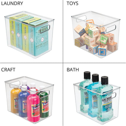 mDesign Plastic Deep Kitchen and Pantry Organizer Storage Bin with Handles for Cabinet, Fridge, Freezer - Food Storage Containers for Snacks, Yogurt Pouches or Fruit, Ligne Collection, 4 Pack, Clear