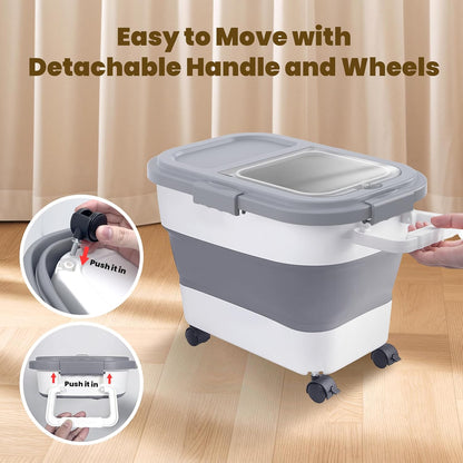 HOYTAMDA 25-35Lbs Rice Container,Collapsible Airtight Food Storage Containers with Wheels,Handle,Rice Storage Container with Small Bin and Scoop,Rice Dispenser for Flour Sugar Cereal Grain Dog Cat