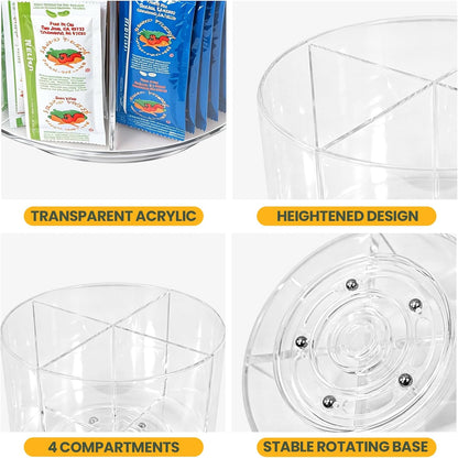 Sauce Packet Organizer with 360° Turntable, for Ketchup Packets,mayo packets,Hot Sauce,Seasoning,Drink Packet, Clear Sauce Packet Holder with Dividers