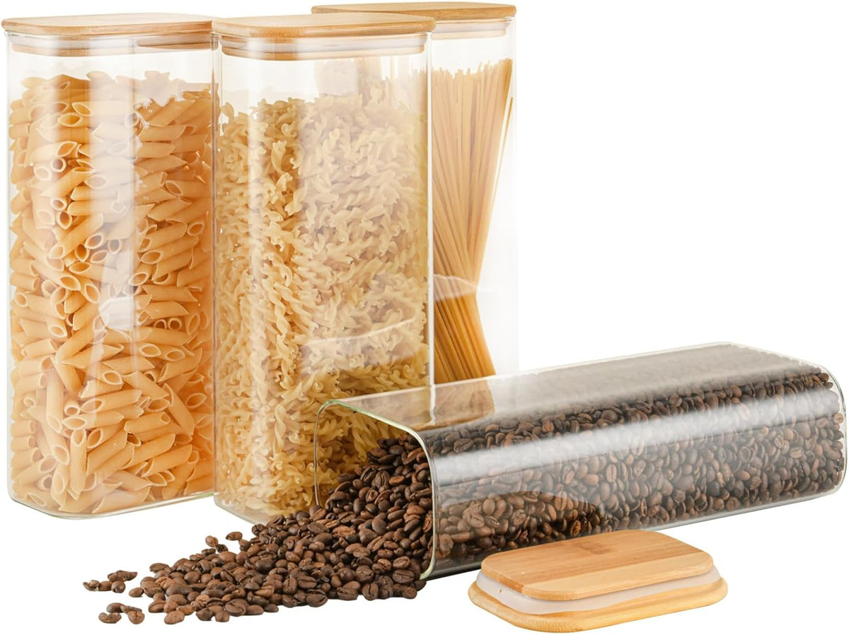 D2scrma 37oz Rectangle Airtight Glass Storage Containers with Bamboo Lids (Set of 6), Square Food Storage Jar, Pantry Organizers for Cereal, Nuts, Snacks and Coffee beans (‎with Black Lable)
