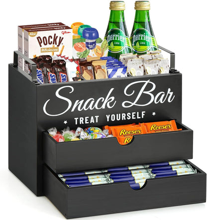 Snack Organizer for Countertop, Wood Pantry Storage Bins with Handles, Snack Bar Organizer for Kitchen, Office, 4 Compartment Food Container Snack Box with Drawer, Pantry Organizer for Chips, Candy