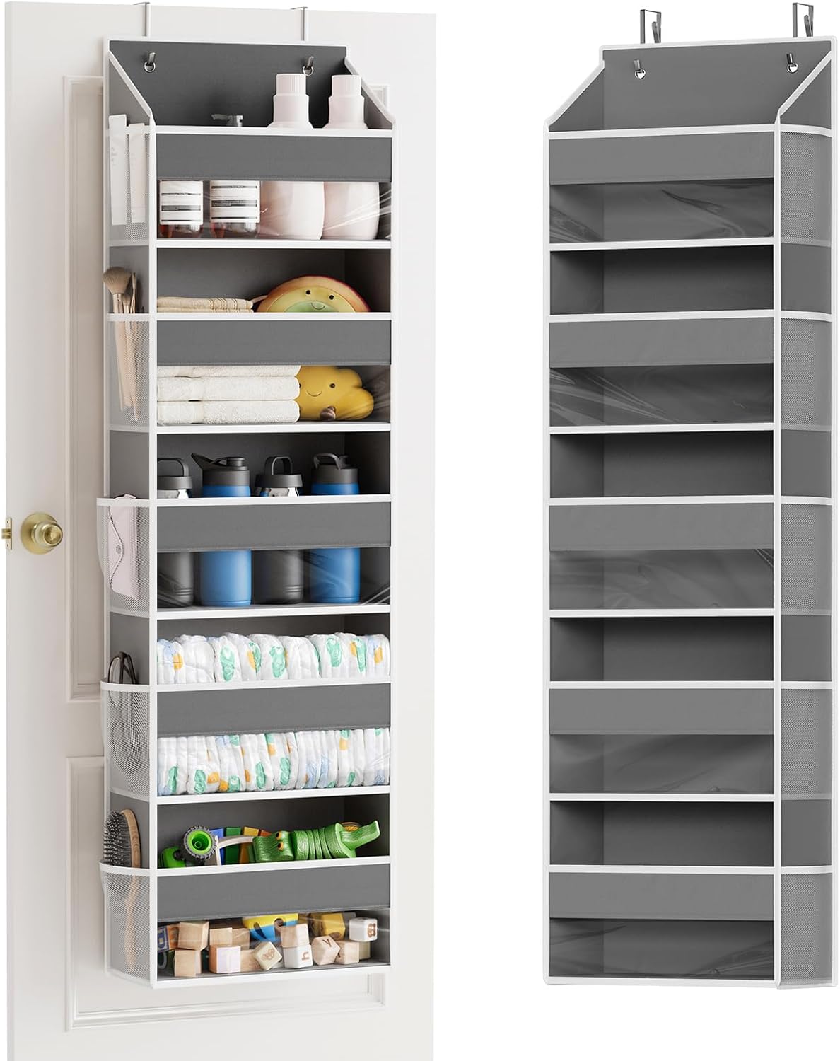 SpaceAid Over The Door Organizer with 5 Large Pockets and 10 Mesh Side Pockets, 5 Layers Door Organizer Hanging with Clear Window for Bedroom, Bathroom, Pantry and Nursery, Gray