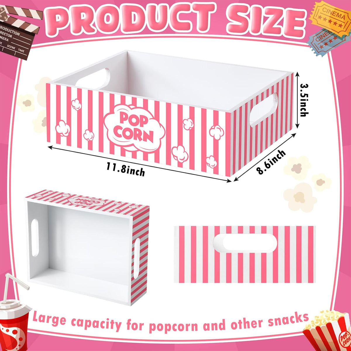 Movie Night Supplies Snack Trays with Handles Reusable Wooden Movie Gift Basket for Theater Popcorn Bucket Bowl Box Container Family Room Decor(Classic Style)