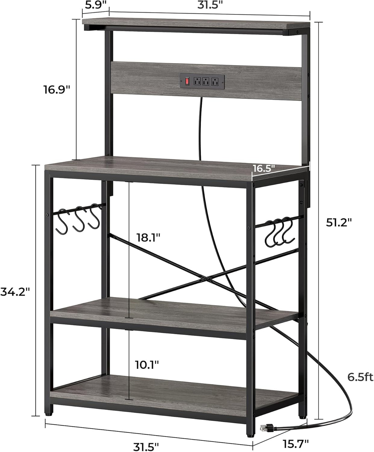 SUPERJARE Kitchen Bakers Rack with Power Outlet, Coffee Bar Table 4 Tiers, Kitchen Microwave Stand with 6 S-shaped Hooks, Storage Shelf Rack for Spices, Pots and Pans - Rustic Brown