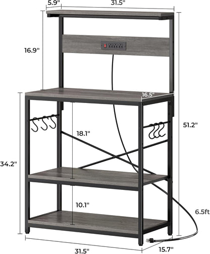 SUPERJARE Kitchen Bakers Rack with Power Outlet, Coffee Bar Table 4 Tiers, Kitchen Microwave Stand with 6 S-shaped Hooks, Storage Shelf Rack for Spices, Pots and Pans - Rustic Brown