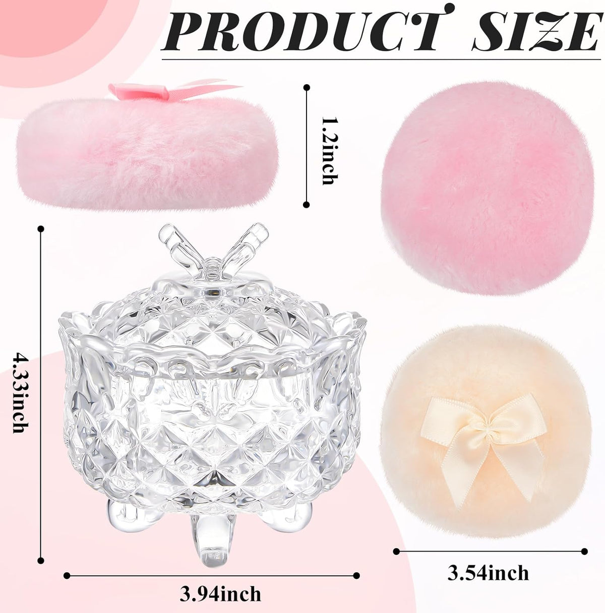 Tioncy 3 Pcs Large Body Powder Puff and Container Valentine's Day gift Powder Container with Puff Crystal Case Soft Washable Reusable Velour Face Body Glitter Wet Dry Makeup (Classic,Clear)