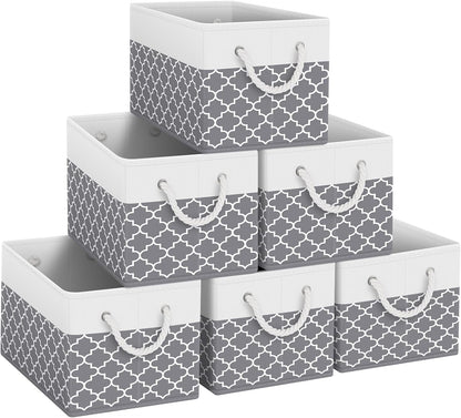 Fab totes Storage Bins, Foldable Storage Baskets for Organizing Toys, Books, Shelves, Closet, Large Storage Box with Rope Handles, Sturdy Organizer Bins, White & Grey