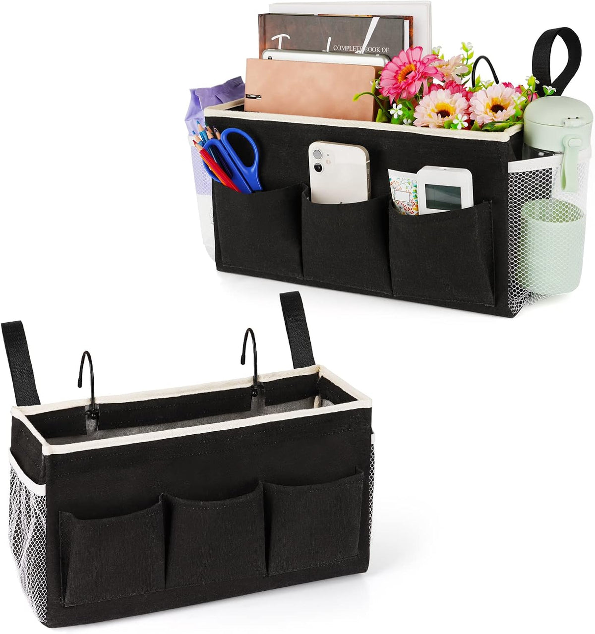 Lilithye Bedside Caddy Storage Organizer with Fixed Straps and Water Bottle Holder for Home, College, Dorm, Bunk/Hospital/Crib Bed Rails, White