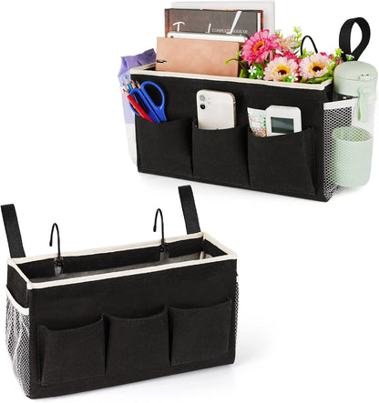 Lilithye Bedside Caddy Storage Organizer with Fixed Straps and Water Bottle Holder for Home, College, Dorm, Bunk/Hospital/Crib Bed Rails, White
