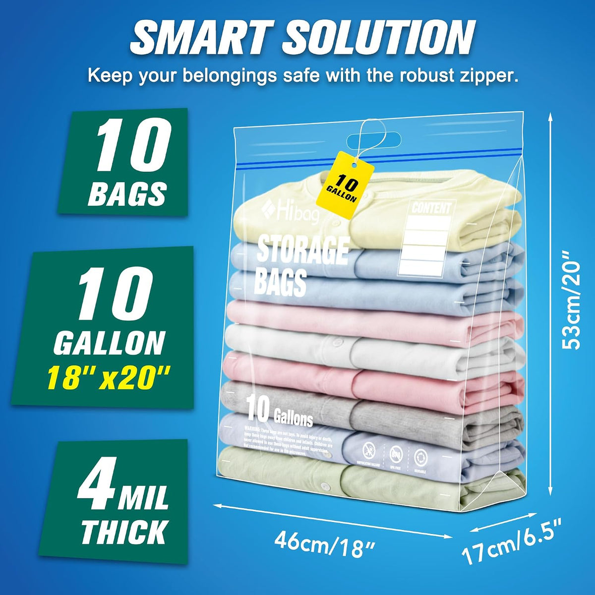 10 Gallon Zipper Storage Bags, 18” x 20” Clear Plastic Bags with Handle, Extra Large XL Zip Bags for Clothes, Pack of 5
