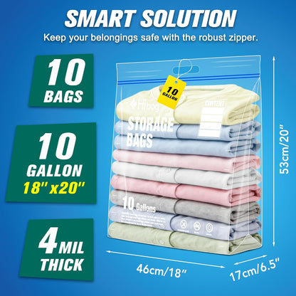10 Gallon Zipper Storage Bags, 18” x 20” Clear Plastic Bags with Handle, Extra Large XL Zip Bags for Clothes, Pack of 5