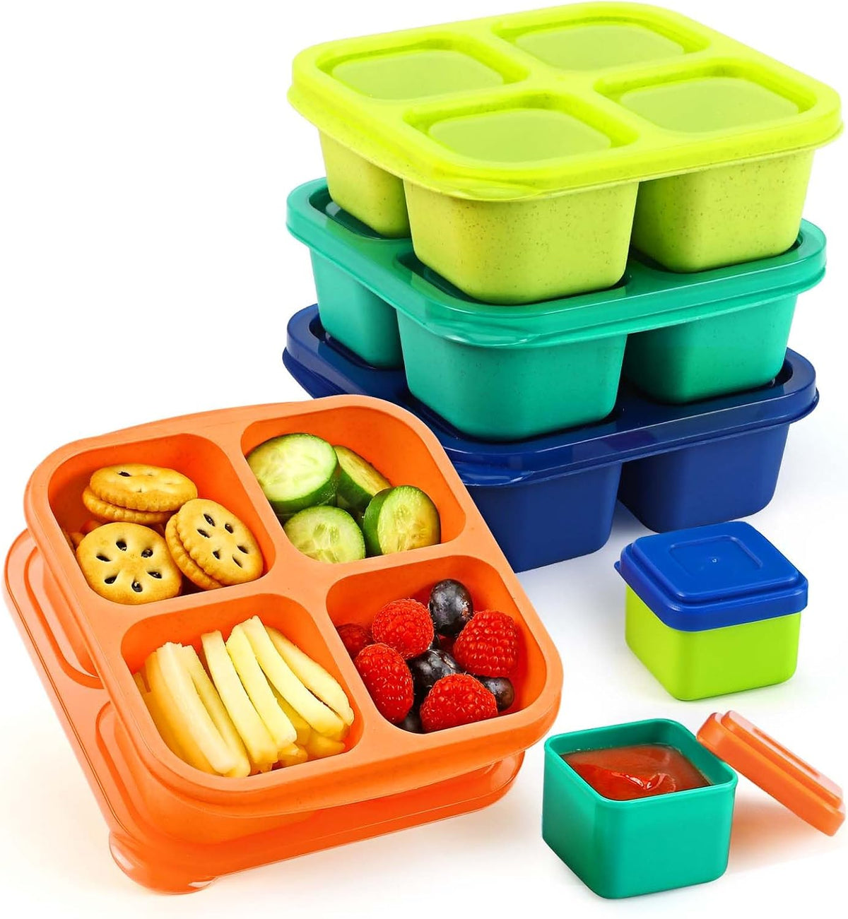 Caperci Lunchable Snack Containers - 4 Pack Bento Snack Boxes with 4-Compartment, 2 Leakproof Dip Cups, Reusable Divided Food Containers for School, Work, Travel (Jewel Brights)