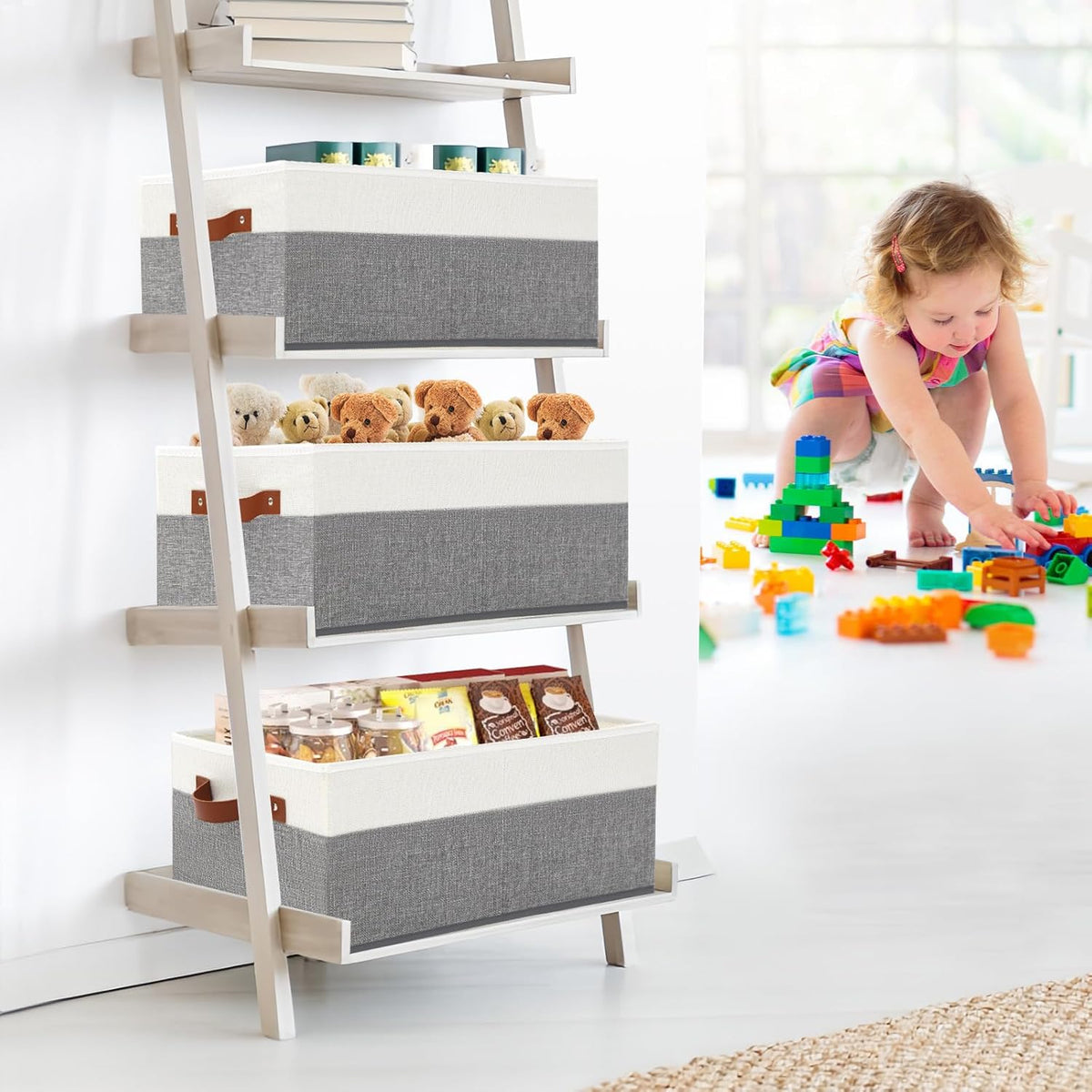 Large Capacity Storage Bins Closet Organizer for Shelves, Fabric Closet Storage Baskets Boxes with Leather Handles for Organizing Clothes, Sheets, Jeans, Toys, Books (Grey)