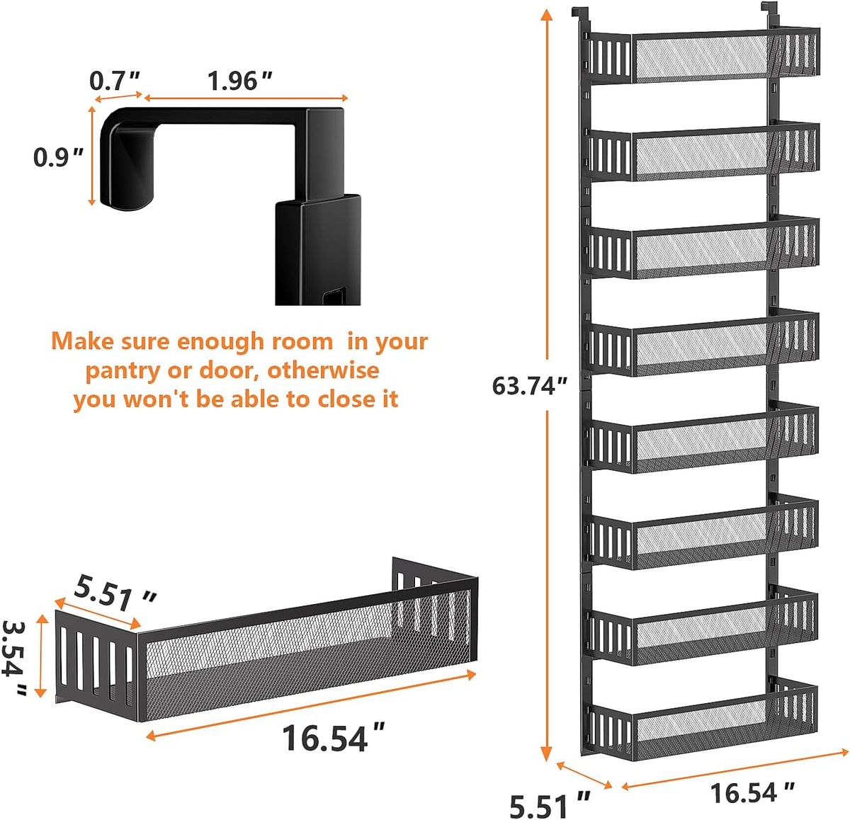 6-Tier Over The Door Pantry Organizer with Mesh Baskets, Adjustable & Stable Hanging Spice Rack for Kitchen, Bathroom, Bedroom, and Baby Essentials Storage