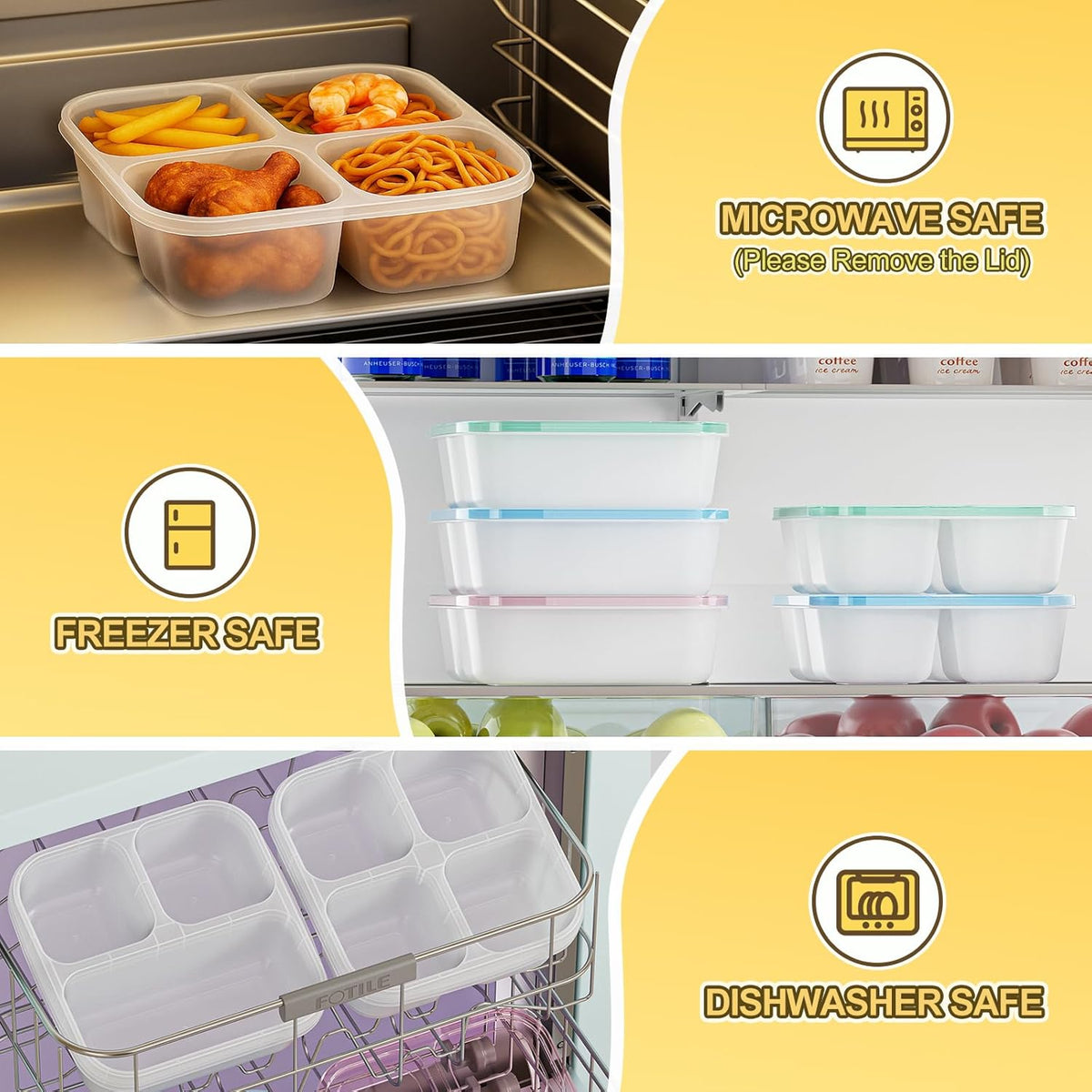 Canfanni 6 Pcs Snack Box Container Set, Reusable 3&4 Compartment Meal Prep Snack Containers for Adults Kids Toddler, BPA-Free Divided Lunchable Container for School, Work and Travel (5 Color)