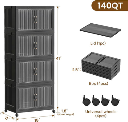 SAILUN 145Gal/580Qt Stackable Storage Bins Folding Collapsible Storage Bins with a Lid, Closet Organizers and Storage,White 26" W x 17" D x 71" H