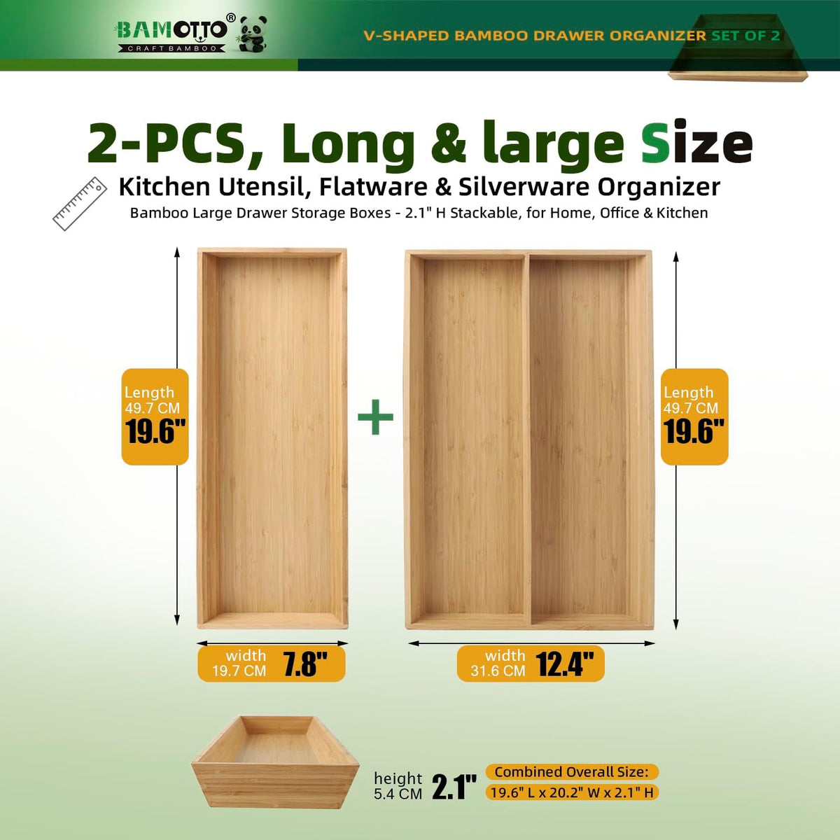 BAMOTTO CRAFTBAMBOO Stack Bamboo Drawer Organizer Set of 5, Kitchen Utensil, Flatware&Silverware Organizer-Wood Laminated Stackable for Kitchen, Bedroom, 13.4''x4.5''*2+10.2''x3.3''*2+10.2''x6.7''*1