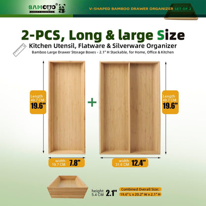 BAMOTTO CRAFTBAMBOO Stack Bamboo Drawer Organizer Set of 5, Kitchen Utensil, Flatware&Silverware Organizer-Wood Laminated Stackable for Kitchen, Bedroom, 13.4''x4.5''*2+10.2''x3.3''*2+10.2''x6.7''*1