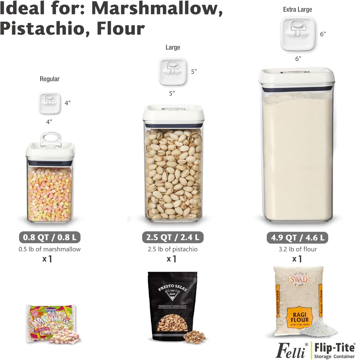 Felli Flip Tite Storage Container with Built-In Spoon & Airtight Lid 5” Large-M Ring Flip Top, Stackable Acrylic Canister for Sugar Flour Powder, Kitchen Pantry Organizer (1.8qt), 2 spoons