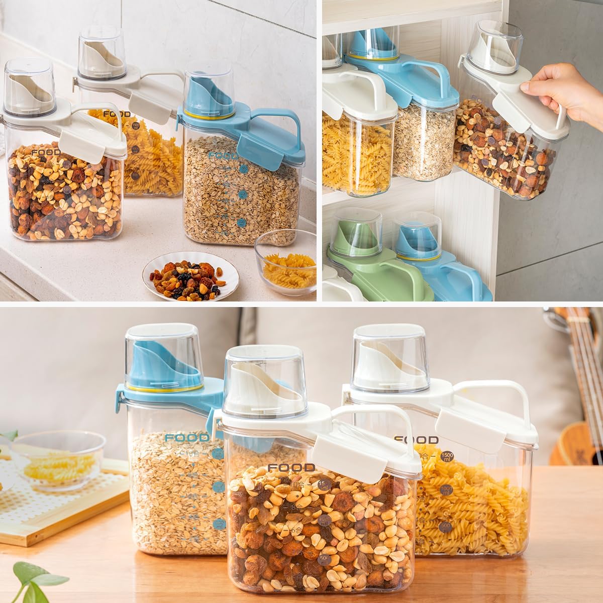 LANGMINGDE Cereal Containers Storage, 2.8L/95oz Airtight Large Dry Food Storage Containers with Pouring Spout Measuring Cup for Snacks Grain Rice,BPA Free Dispenser Plastic Bin