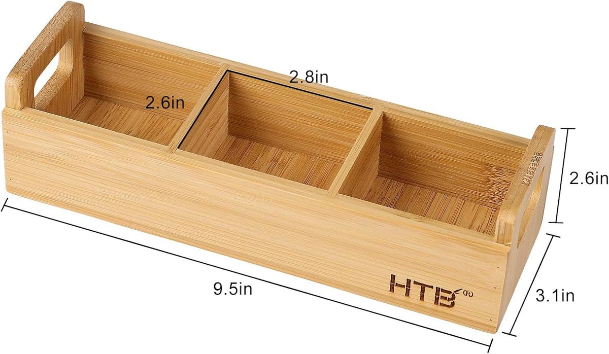 HTB Small Tea Bag Box Wooden, 3 Compartments Acacia Wood Tea Bag Chest with Handle, Mini Countertop Divided Storage Container for Beverage Supplies, Sugar, Sweeteners, Individual Packets