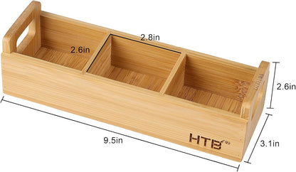 HTB Small Tea Bag Box Wooden, 3 Compartments Acacia Wood Tea Bag Chest with Handle, Mini Countertop Divided Storage Container for Beverage Supplies, Sugar, Sweeteners, Individual Packets