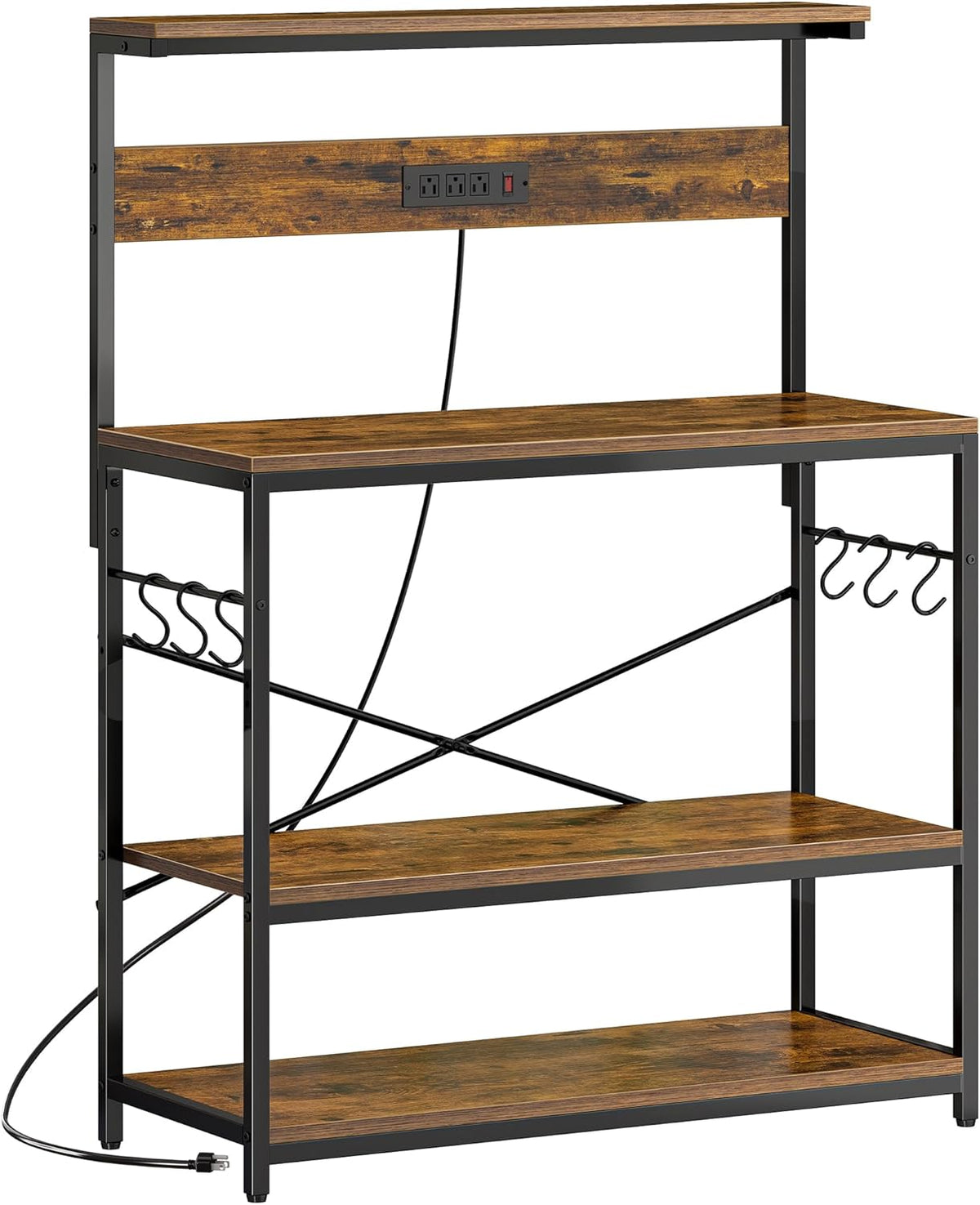 SUPERJARE Kitchen Bakers Rack with Power Outlet, Coffee Bar Table 4 Tiers, Kitchen Microwave Stand with 6 S-shaped Hooks, Storage Shelf Rack for Spices, Pots and Pans - Rustic Brown
