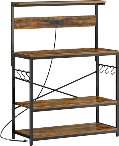 SUPERJARE Kitchen Bakers Rack with Power Outlet, Coffee Bar Table 4 Tiers, Kitchen Microwave Stand with 6 S-shaped Hooks, Storage Shelf Rack for Spices, Pots and Pans - Rustic Brown