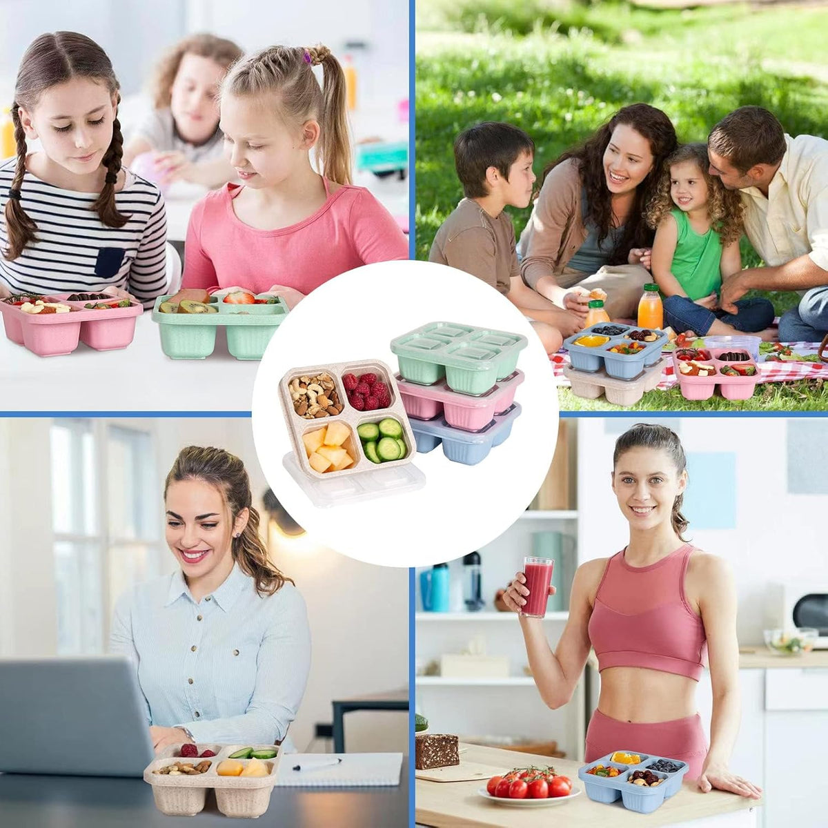 6 Pack Bento Box, 4 Compartment Lunchable Snack Containers with Lids for Meal Prep, School, Travel, Reusable Divided Lunch Food Container for Adults, Kids, Toddlers