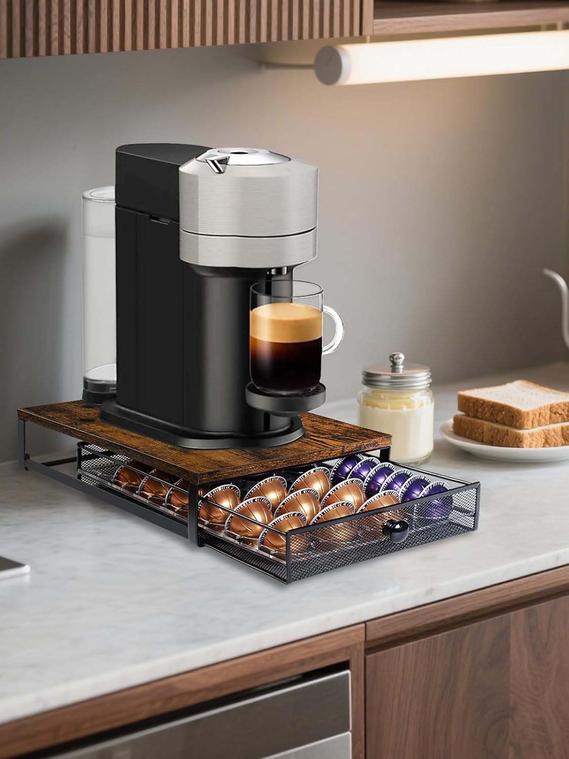 Sedegn Coffee Pod Holder Counter Coffee Vertuo Capsules Storage Organizer with Sliding Drawer Compatible For 35 K-Cup Pods No Assembly Needed Rustic Brown