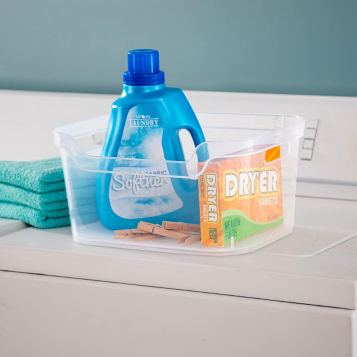 Sterilite 7 x 11 x 14.25 Inch Polished Open Scoop Front Storage Bin with Comfortable Carry Through Handles for Household Organization, Clear
