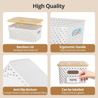 Plastic Storage Bins with Bamboo Lids, Stackable Small Box Baskets for Organizing and Containers for Shelves Drawers Desktop Closet Pantry Classroom Office Home, 6 Pack 10.2x7.2x4.1 Inch, Black