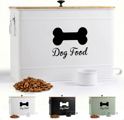 Dog Food Container Airtight 15-20 lb (70 Cup) Capacity with Metal Scoop - Cute Airtight Dog Food Storage Container with Bamboo Lid - Black Metal Kibble Storage Bin for Dogs up to 100 lbs - Big Pet Jar