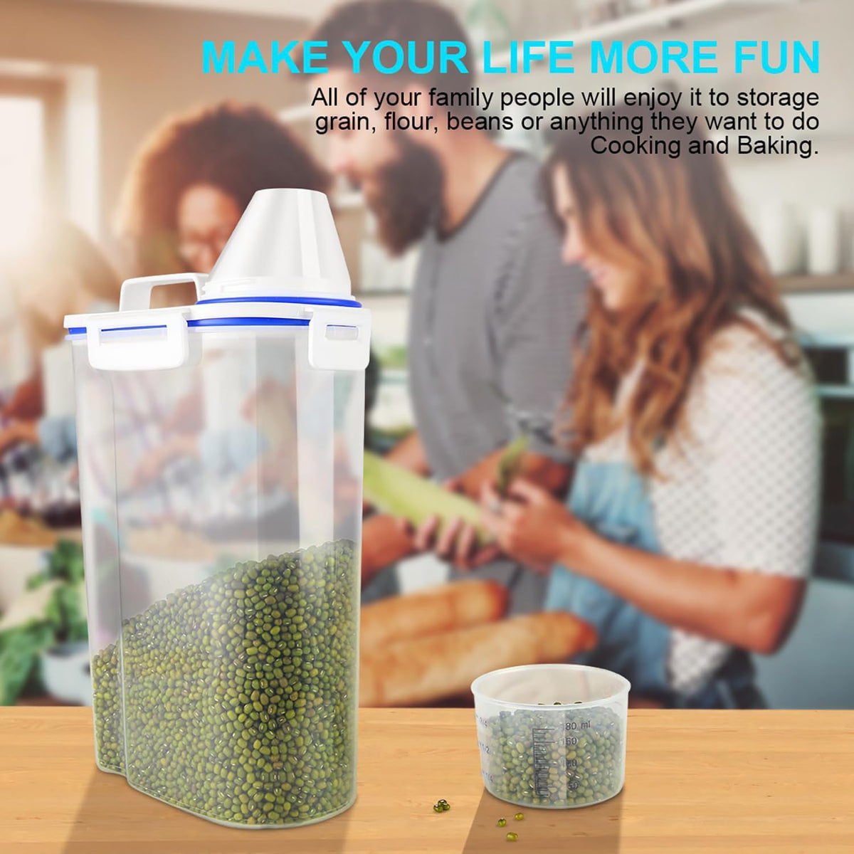 Uppetly Rice Airtight Dry Food Storage Containers, BPA Free Plastic Storage Bin Dispenser with Pourable Spout, Measuring cup for Cereal, Flour and Baking Supplies, Include a Stainless Steel Whisk