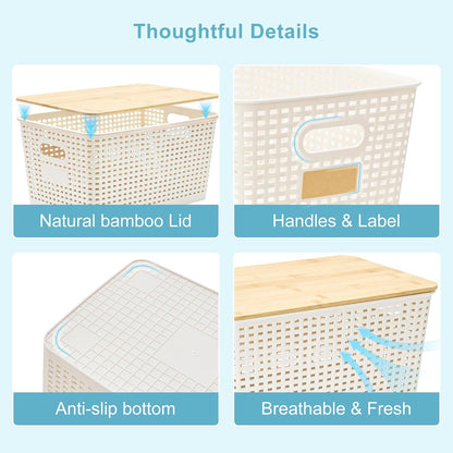 Bagnizer Small Plastic Storage Bins with Bamboo Lids 5.2qt Stackable Box Basket Pantry Decorative Containers Cute with Labels for Organizing Desktop Closet Office Cream White of 10*7.2*4.1"