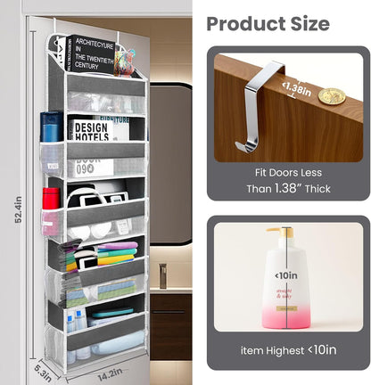 Over The Door Organizer with LifetimeWarranty, 4 Shelves & 4 Side Pockets, Large Storage Rack Holds 44lb, Heavy-Duty Reinforced Mesh Shelf for Bathroom, Closet, Toy Organization, Shoes, Towels, Grey